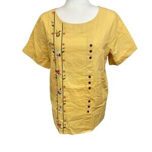 Dayou Cotton/Linen Large Short Sleeve Blouse Oversized Floral Embroidered Button